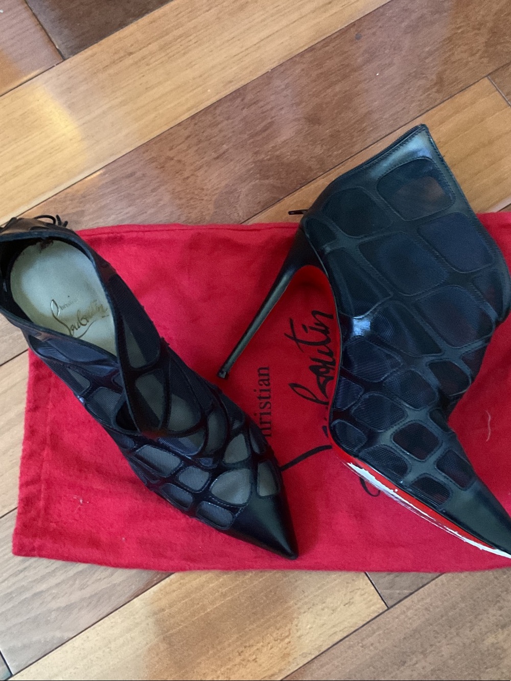 Christian Louboutin Black Leather and Mesh Bootie